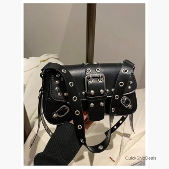 PU Leather Shoulder Bag Punk Rivet Flap Studded Vintage Handbag - Picture 5 of 5